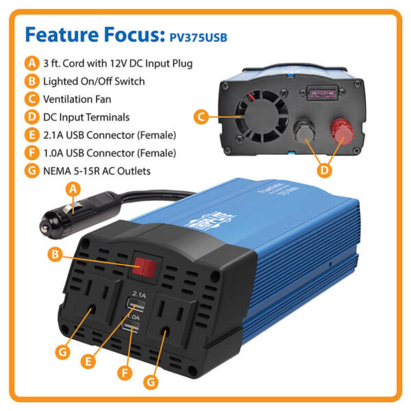 Tripp Lite PV375USB 375W Compact Portable Car Power Inverter 2-Outlet 12V DC to 120V AC w/ 2-Port USB Charging Ports - Image 3