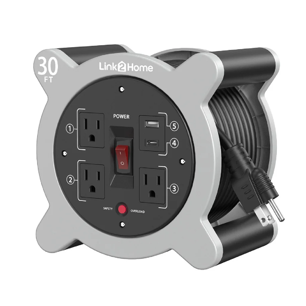 LINK3HOME 30 foot Cord Reel with 3 Outlets, USB A/C