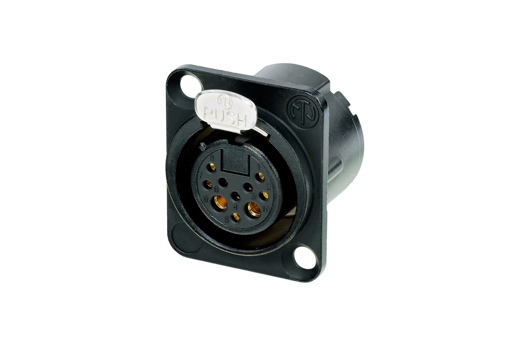 Neutrik NC10FD-LX-B 8 + 2 Pole Female D-Size Receptacle, KTL Coated Metal Housing, Duplex Ground Contact