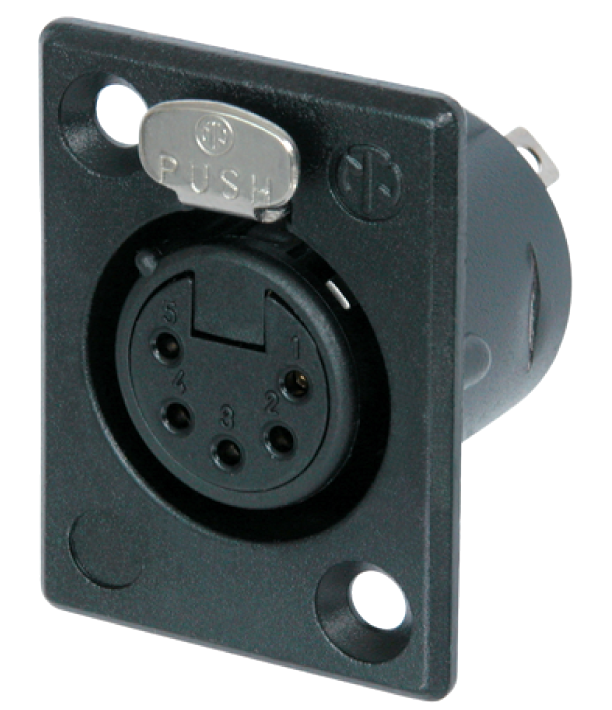 Neutrik NC5FP-B-1 5 Pole Female Receptacle, Solder Contacts, Black Metal Housing, Gold Contacts