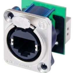Neutrik NE8FDP RJ45 Feedthrough Receptacle, D-Shape Metal Flange With Latch Lock, Mounting Screws Included