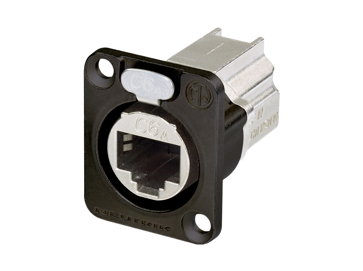 Neutrik NE8FDX-P6-B D-Shape CAT6A Panel Connector, Shielded, Feedthrough, Black Chromium Housing