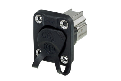 Neutrik NE8FDX-P6-W D-Shape CAT6A Panel Connector, Shielded, Feedthrough, Rubber Sealing, IP65 When Mated, Black Housing 