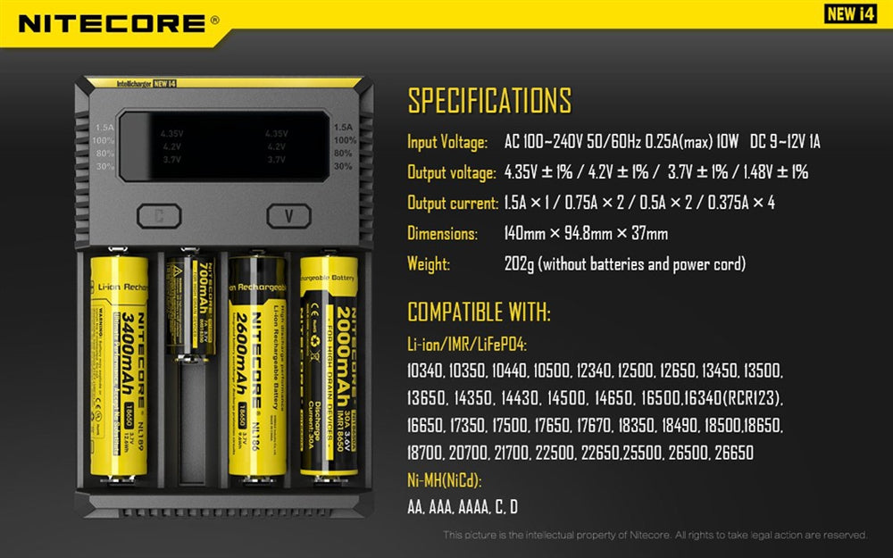NiteCore I4 4 Channel Universal Charger, for 18650, 16340 etc