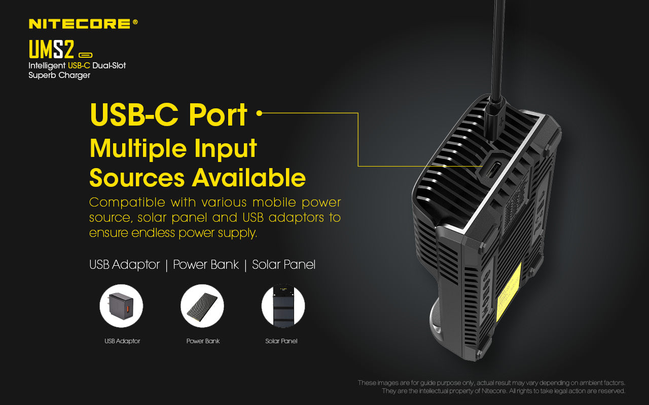 Nitecore UMS2 Dual-Slot USB-C Fast Charger, for 18650, 21700 batteries