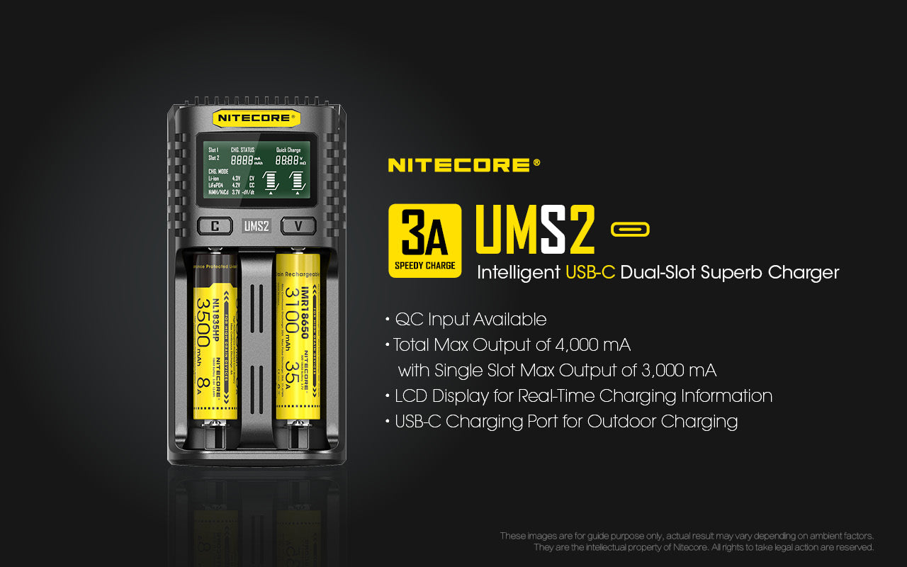 Nitecore UMS2 Dual-Slot USB-C Fast Charger, for 18650, 21700 batteries
