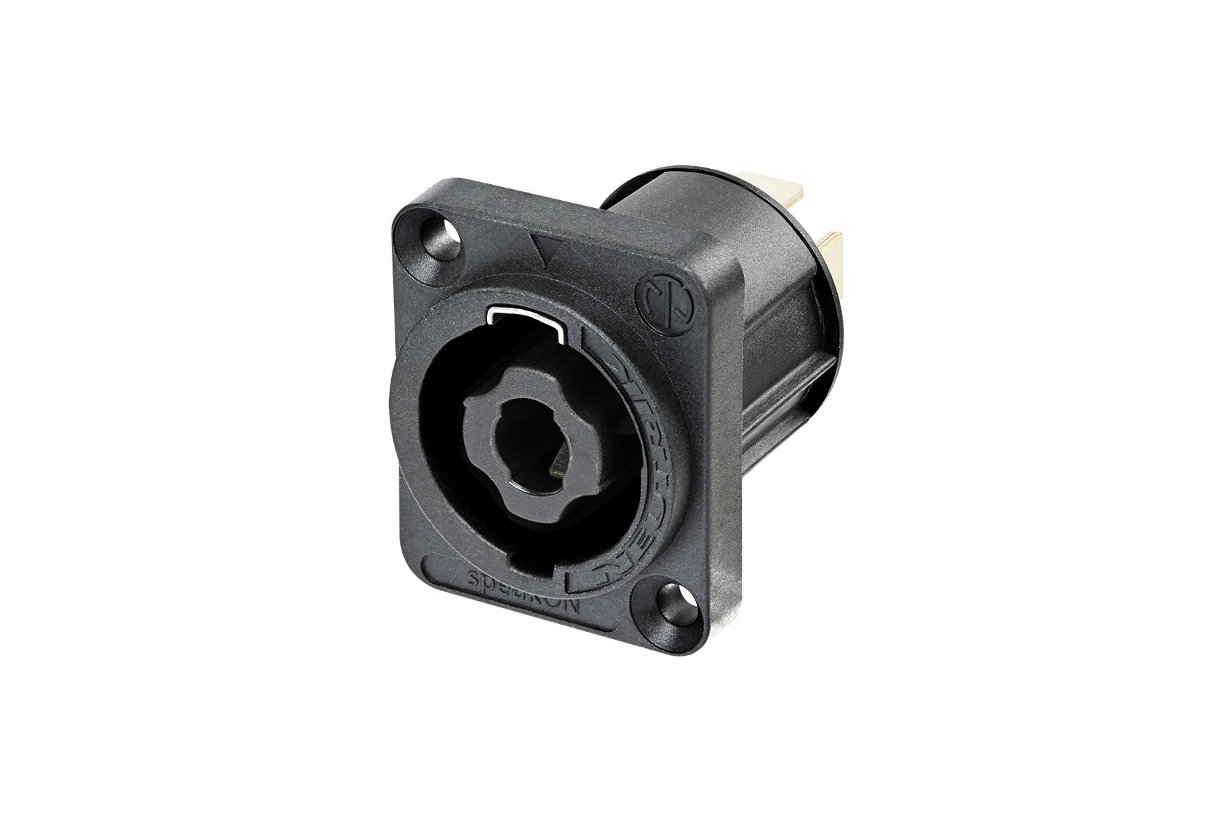 Neutrik NL4MPXX-UC 4 Pole Male Chassis Connector For 30 A RMS Continuous. Black D-Size Flange, Countersunk Thru Holes, 1/4" Flat Tabs