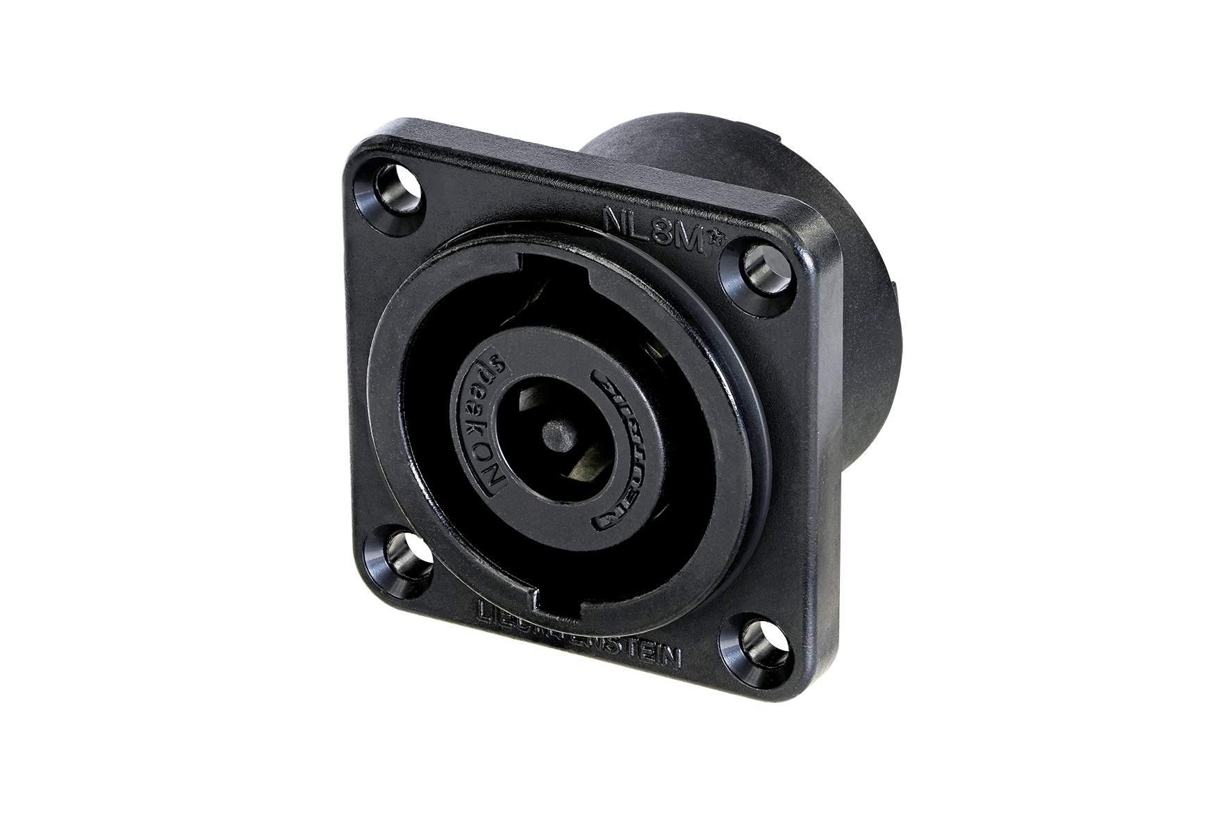 Neutrik NL8MPRXX-BAG 8 Pole Male Chassis Connector, Black Metal Square G-Size Housing, Countersunk Thru Holes, 3/16“ Flat Tabs